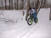 Puck riding the narrow, groomed single track at Sunny Vale in Wausa, WI. Usable trail width is 20" to 24" or so.