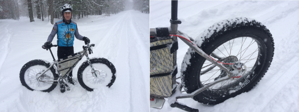 Quiring about to get reported to the UCI for illegal disk wheels on his fat bike vs. clean Borealis rims.