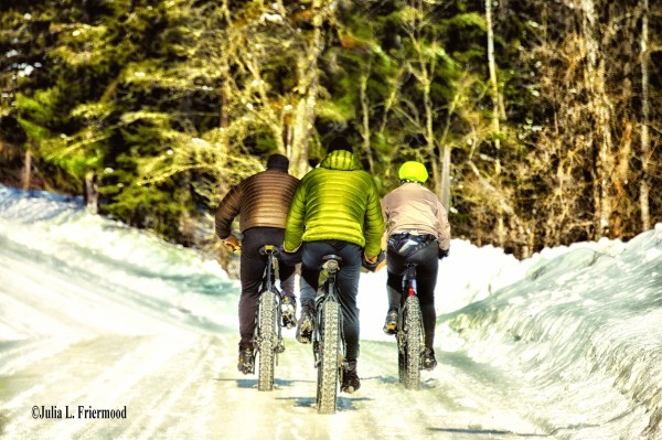 3 bikers fat tire in snow by JFriermood