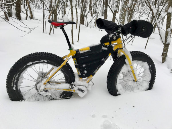 Yes, this is a picture of Bud/Lou during a "palate cleanser" but the point of this pic is to say that a tire's weight makes no difference when you are hauling around 10+ lbs of snow on your bike