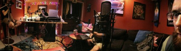 (L-R) Dave, Chris, Gomez & Evan in the Electric Chicklet Studios