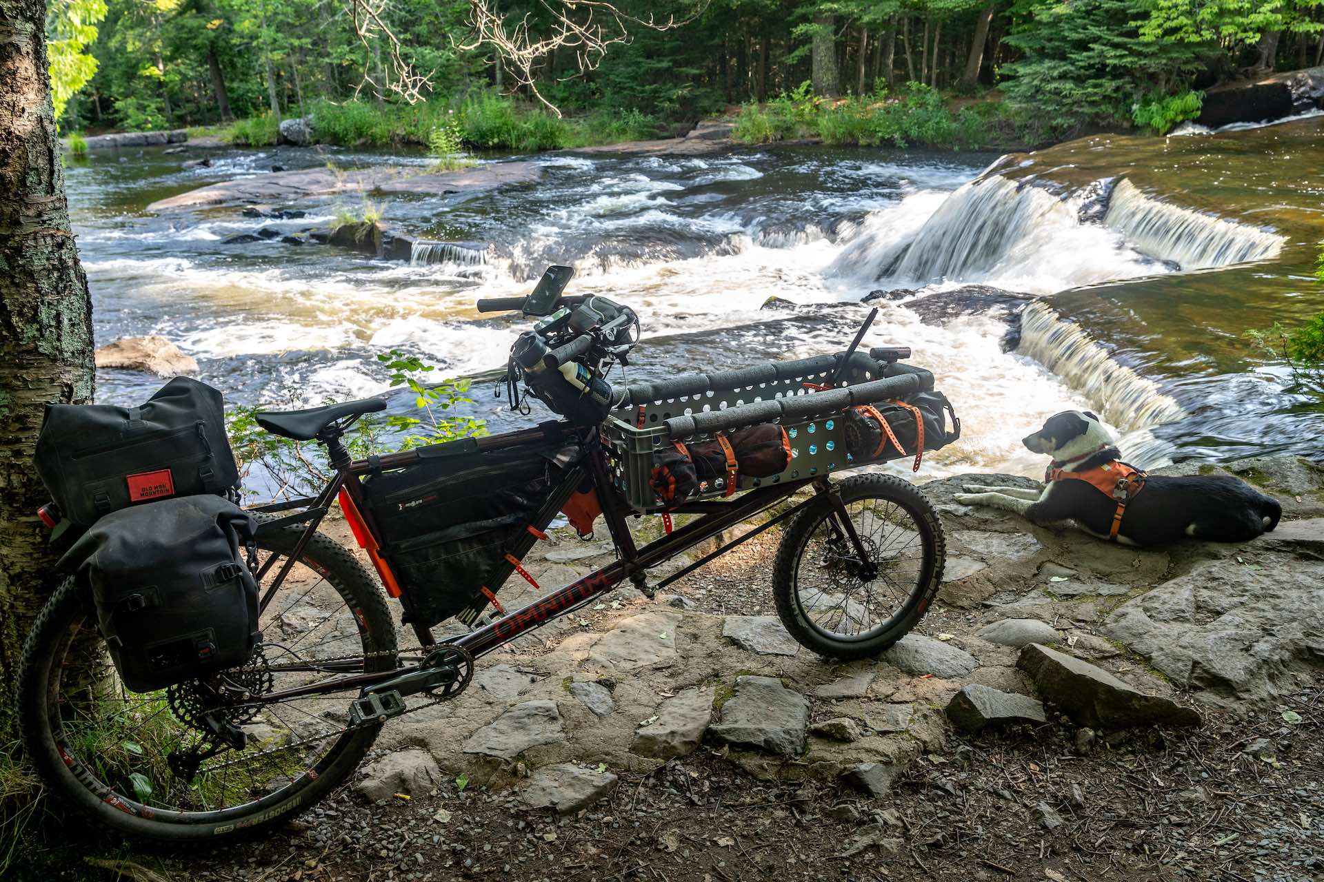 Omnium cargo bike and dog next to waterfall